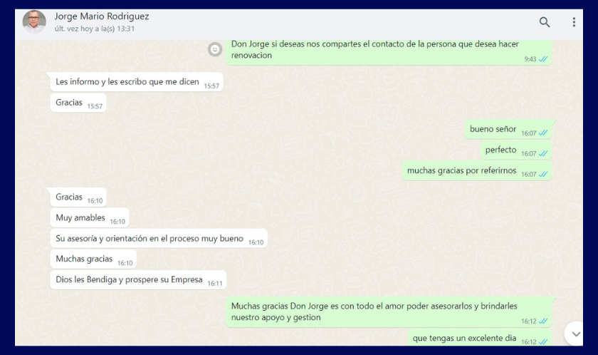 Testimonio de cliente por WhatsApp